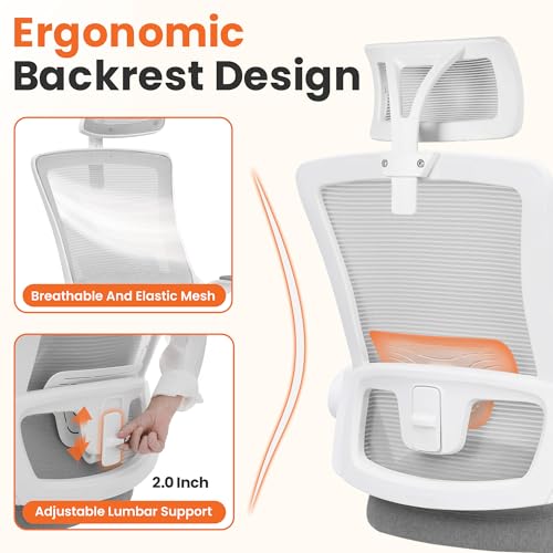NEO CHAIR Office Desk Chair Gaming Computer High Back Support Mesh Comfy Seat with Adjustable Ergonomic Headrest Lumbar Rolling Flip-up Armrests and Wheels (Grey) - color: Grey