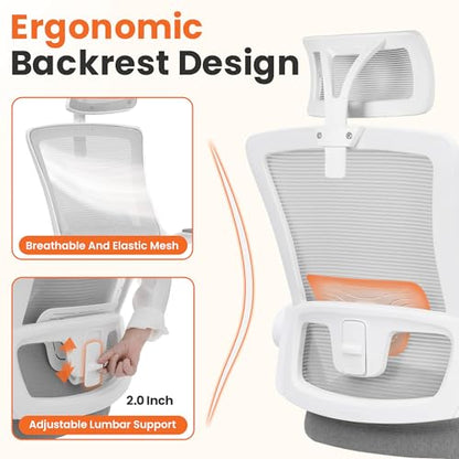 NEO CHAIR Office Desk Chair Gaming Computer High Back Support Mesh Comfy Seat with Adjustable Ergonomic Headrest Lumbar Rolling Flip-up Armrests and Wheels (Grey) - color: Grey