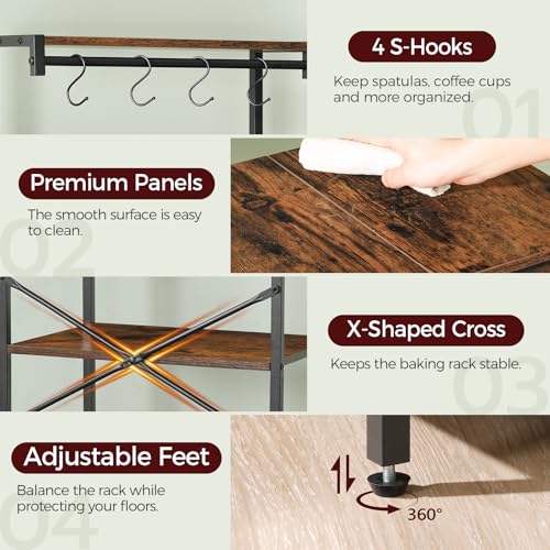 MAHANCRIS Bakers Rack with Drawer, Microwave Stand with Power Outlet, Coffee Bar Station with 4 Hooks, Kitchen Storage Shelf Rack 4 Tiers, for Kitchen, Dining Room, Rustic Brown and Black BRHR48E01 - color: Rustic Brown and Black