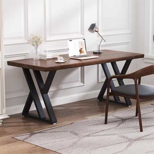 tiedingdingjiajuSolid Wood Desk 47 Inch, Rustic Wooden Writing Desk with Sturdy Metal Frame,Modern Simple Design Executive Real Wood Computer Desk for Home Office, Bedroom & Living Room - size: 47.24in