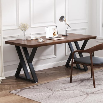 tiedingdingjiajuSolid Wood Desk 47 Inch, Rustic Wooden Writing Desk with Sturdy Metal Frame,Modern Simple Design Executive Real Wood Computer Desk for Home Office, Bedroom & Living Room - size: 47.24in