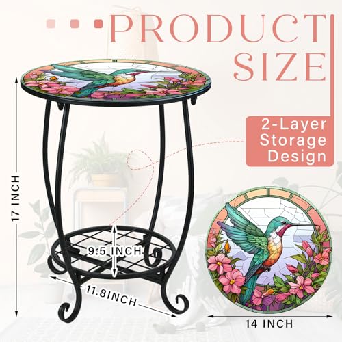 Cinnvoice Outdoor Side Table Round Small Mosaic Patio Accent Indoor End Plant Coffee Tea Table for Yard Patio Porch Garden Living Room, Bedroom(Hummingbird Style,14 Inch) - size: 14 Inch, style: Hummingbird Style