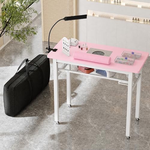 Portable Foldable Manicure Table with Dust Collector, Rolling Nail Tech Desk with LED Lamp, Wrist Rest, Lockable Wheels & Carrying Case for Home Salon, Travel & Mobile Nail Techs (Pink) - color: Pink