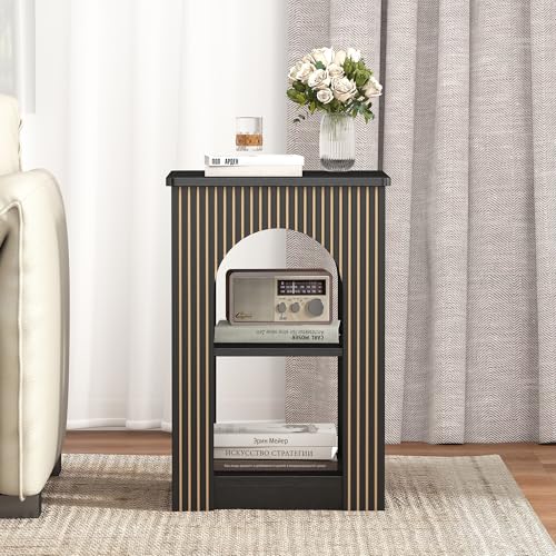 weselon End Table Set of 2, Mid-Century Modern Side Table with 3-Tier Storage Shelves and Arched Carving Lines, Square Fluted Nightstand for Living Room, Bedroom, or Office (2, Black) - color: Black