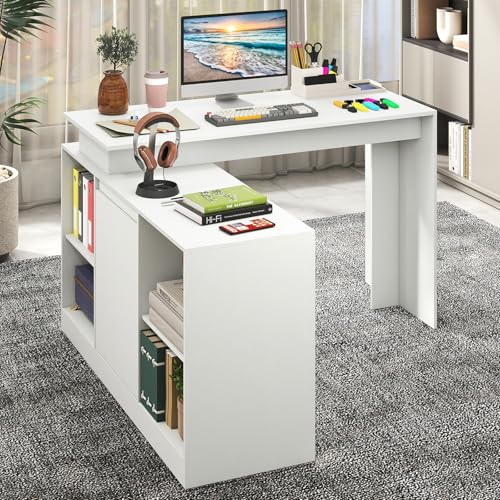 GIANTEX 48" Reversible L-Shaped Computer Desk, Modern Corner Computer Workstation with 2 Doors & 4 Open Storage Cubes, Large Executive Desk for Home Office, White/Black (White)