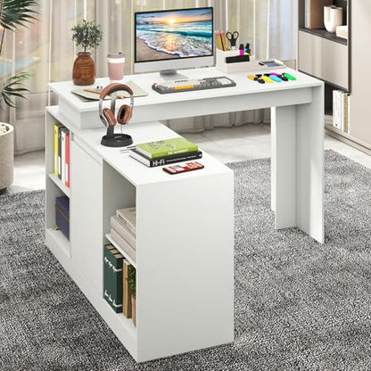 GIANTEX 48" Reversible L-Shaped Computer Desk, Modern Corner Computer Workstation with 2 Doors & 4 Open Storage Cubes, Large Executive Desk for Home Office, White/Black (White)