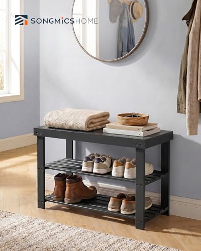 SONGMICS HOME 3-Tier Bamboo Shoe Bench, Shoe Rack, for Entryway Bathroom Bedroom, 11.5 x 27.8 x 18 Inches, Black - color: Black