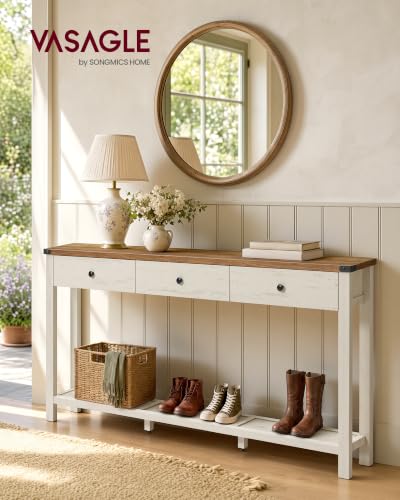 VASAGLE LIRY Collection Narrow Console Table with 3 Drawers | Long Sofa Table with Storage Shelf, Honey Brown and Rustic White, 9.4 x 63 x 29.9 Inch, ULNT148W101 - color: Honey Brown + Rustic White, size: 9.4"D x 63"W x 29.9"H