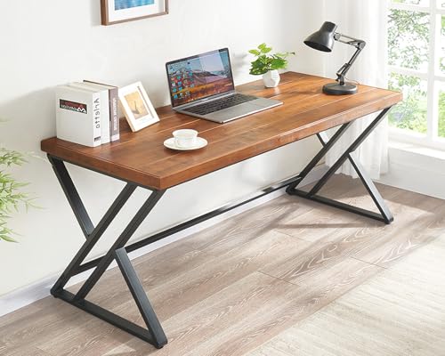 Real Wood Computer Desk, Home Office Solid Wood Writing Desk, Farmhouse Long Natural Wood Executive Work Desk, Industrial Rustic Wooden Metal PC Gaming Office Table Workstation, Brown, 60 in - size: 60 inch