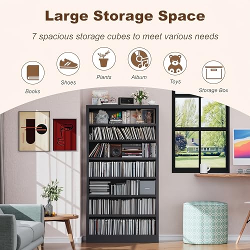 55" Media Storage Cabinet, Metal CD Storage Rack with 6 Adjustable Shelves, Large DVD Storage Shelf Rack for Living Room, Home Entertainment (Black)