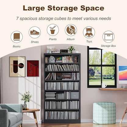 55" Media Storage Cabinet, Metal CD Storage Rack with 6 Adjustable Shelves, Large DVD Storage Shelf Rack for Living Room, Home Entertainment (Black)
