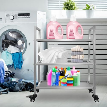 3 Shelf Stainless Steel Cart, 400 Lbs, 1MM Thick, Serving Cart with Wheels, Household, Service Trolley, 360°Rotation Storage Shelf with Locking Wheels
