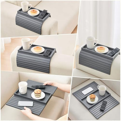 GEHE Bamboo Sofa Arm Tray, Foldable Couch Arm Tray Side Table, Anti-Falling Armrest Tables Cup Holder for Snacks, Drinks, Beers, Phone, Control, Flexible and Portable, Anti-Slip - color: Gray
