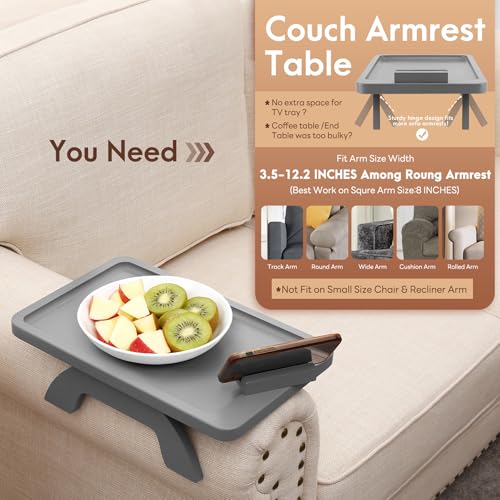 SINWANT Couch Armrest Table,Bamboo Couch Arm Tray with 360° Rotating Phone Holder,Anti Slip Foldable Sofa Arm Tray for Eating Drinking Snacks Remote on Armrest 15.35"x9.85" - color: Gray