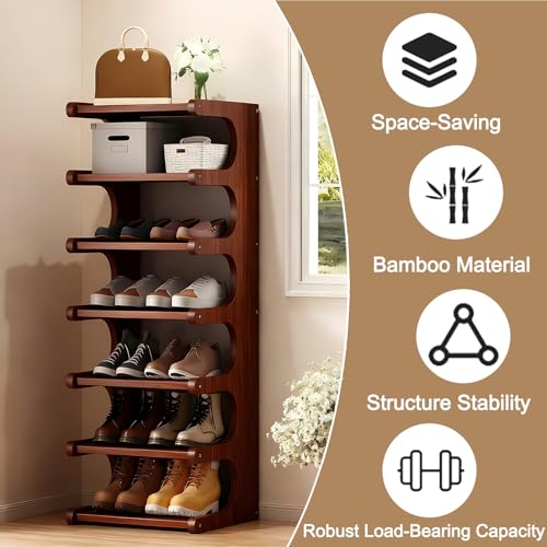 7-Tier Vertical Shoe Rack, Bamboo Free Standing Shoe Rack Shelf, Shoe Storage Stand, Entryway Shoe Tower, Vertical Shoe Organizer for Narrow Closet, Entryway, Hallway - color: Walnut Brown