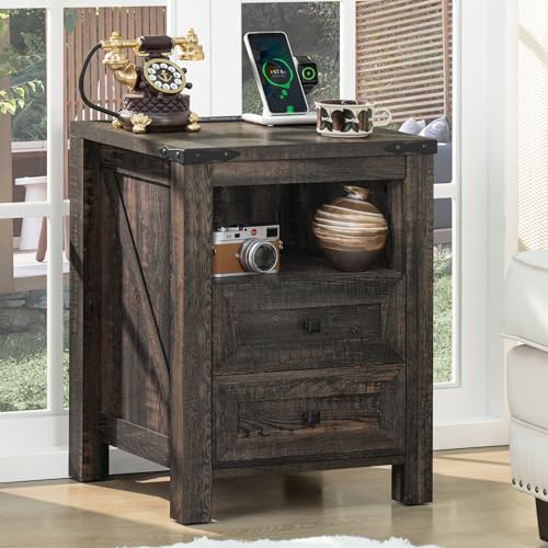Joaxswe Nightstand with Charging Station and USB Port, Farmhouse Side End Table with 2 Drawers and Shelf Storage, Wooden Sofa Table, Bedside Cabinet for Bedroom, Living Room, Closet, Office (Dark Oak) - color: Dark Oak, size: 1 pack