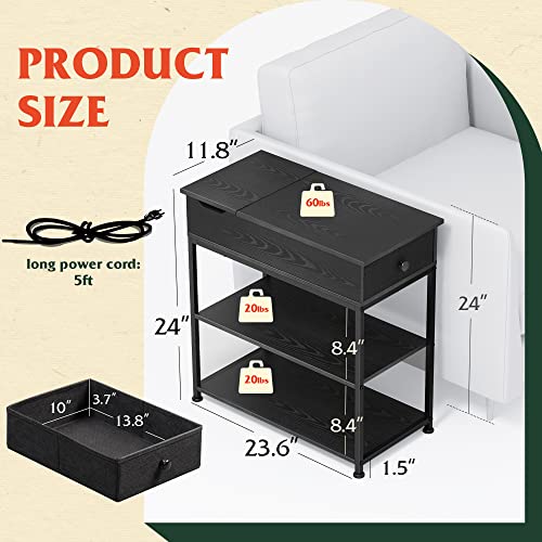 WLIVE Narrow Side Table with 2 USB Ports and 2 Outlets, Flip Top Black End Table with Drawer and Storage Shelves, Small Nightstand with Charging Station for Living Room/Bedroom - color: Black