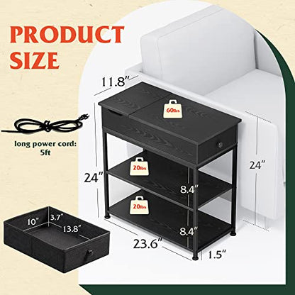 WLIVE Narrow Side Table with 2 USB Ports and 2 Outlets, Flip Top Black End Table with Drawer and Storage Shelves, Small Nightstand with Charging Station for Living Room/Bedroom - color: Black