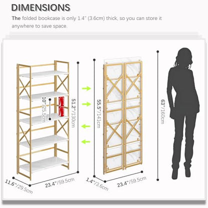 4NM 5 Tiers No Assembly Book Shelves, 51.2" H Folding Bookshelf Bookcase Open Industrial Foldable Shelves for Bedroom, Living Room, Home Office - White Gold - color: White Gold, size: XX 5-Tier