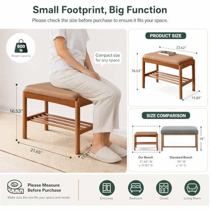 Solid Wood Shoe Bench, 24 Inch Entryway Bench with Brown Leather Cushion | Premium brown leather cushion paired with walnut wood finish adds refined texture and mid century style. - color: Walnut + Brown Leather Cushion, size: 23.62"