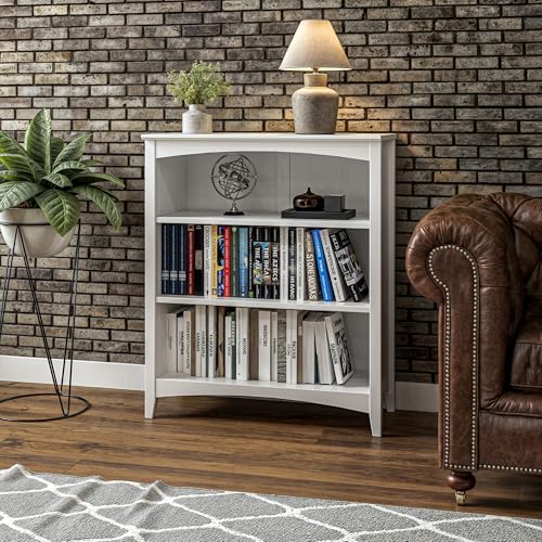 Shaker Style 3 Shelf Bookcase / Solid Wood / 36" High / Adjustable Shelving / Closed Back / Display Bookshelf for Living Room, Bedroom, Home and Office, White - color: White, size: 36"
