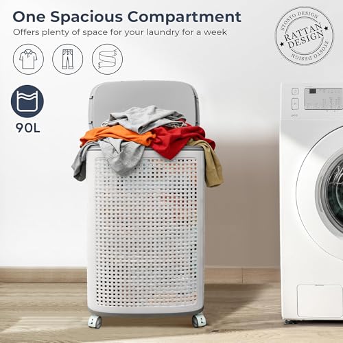 Sufdari 90L Laundry Basket with Wheels, Rolling Laundry Hamper with Lid and Handles, Plastic Rattan Clothes Organizer, Dirty Clothes Basket for Laundry Room, Bedroom, Dormitory Storage