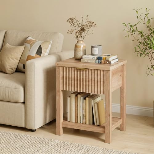 Fluted Night Stand with Golden Handle,Mid-Century Nightstands with Drawer,Modern Bedside Table with Storage Shelf,Large End Tables for Livingroom,Bed Side Tables for Bedroom,Natural Oak - color: 1pc_oak_plus
