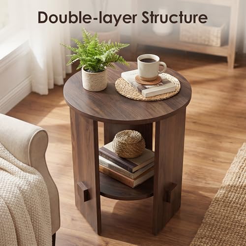 Round End Table with 2-Tier Storage Set of 2, 15.5” Small Side Table for Living Room, Modern Nightstand with Open Shelf, Compact Accent Table for Bedroom, Sofa Side, Small Spaces (Walnut) - color: Walnut