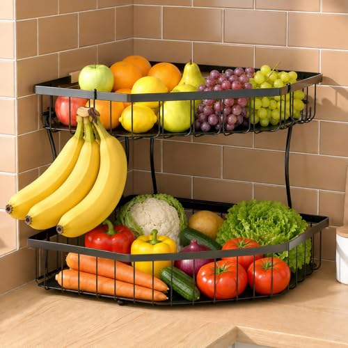 2 Tier Fruit Basket for Kitchen Counter with 2 Banana Hangers for Corner | Detachable Metal Fruit Bowl with Wooden Handle, Large Capacity Fruit Stand for Bread Fruit and Vegetable Storage, Black - color: Black, size: 2 Tier Standard