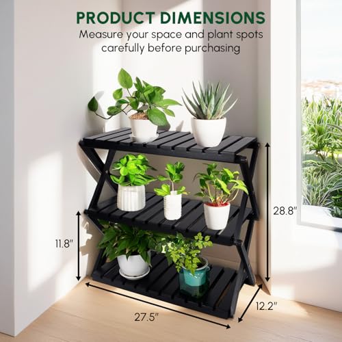 3-Tier Foldable Acacia Wood Ladder Plant Stand & Corner Rack Black | 4-tier indoor & outdoor wooden plant ladder, foldable corner design, tall plant rack, perfect for office, balcony & garden