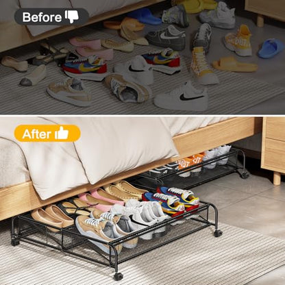 Under Bed Shoe Storage Organizer, 2 Pack Under Bed Storage Containers with Wheels for Under Bed Shoe Organizer Drawer Space Saving for bedroom - size: 2pcs