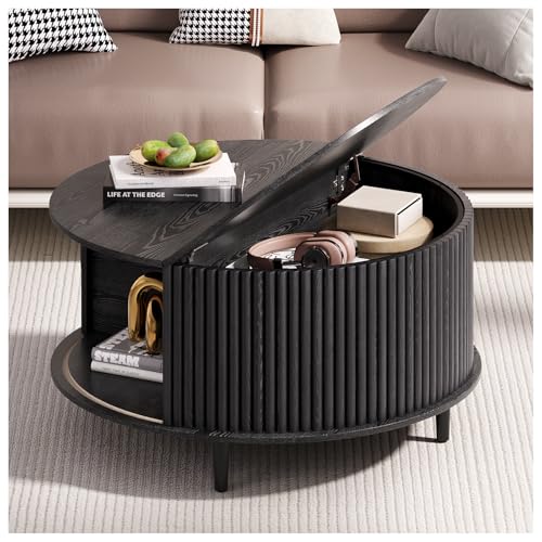 Round Coffee Table with Storage, 31.5" Modern Coffee Table with Sliding Door & Solid Wood Legs, Minimalist Fluted Center Table for Living Room, Home Small Space, Black - color: Black, size: Round