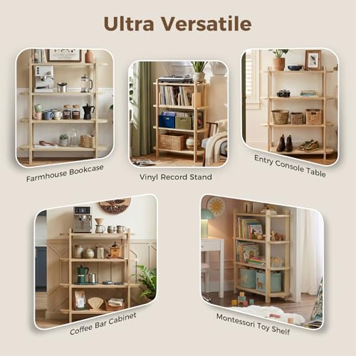 Bookshelf, Wood Shelf Bookcase, Book Shelf 4-Tier, Natural | Modern Open Bookshelf, Freestanding Storage Shelf Organizer, Display Shelf Shelving Unit for Living Room, Bedroom, Office - size: 4-Tier