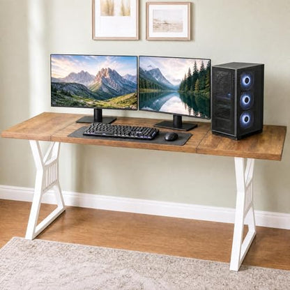 Garvee Modern Computer Desk, 70.8 Inch Home Office Work Desk,Farmhouse Gaming Writing Work from Home Study Desk,Sturdy Metal Frame for Bedroom,Home Office - color: Walnut + White Leg