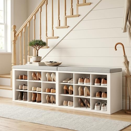 AMONIDA Shoe Storage Bench with Cushion, Entryway Bench with Shoe Storage,18 Cubby Shoe Bench with Removable Dividers, Shoe Organizer Bench for Entryway, Living Room, Light Grey (18, White) - color: White