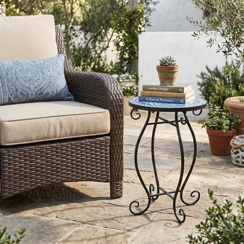 Giantex Outdoor Side Table, Mosaic Patio Table, 12inch Accent Table Plant Stand Indoor, Mosaic Ceramic Tile Top Metal Frame, Small End Table Porch Beach Patio Garden Balcony Poolside - style: Ocean