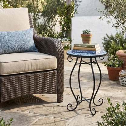 Giantex Outdoor Side Table, Mosaic Patio Table, 12inch Accent Table Plant Stand Indoor, Mosaic Ceramic Tile Top Metal Frame, Small End Table Porch Beach Patio Garden Balcony Poolside - style: Ocean