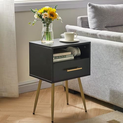 IBUYKE Nightstand, Mid Century Modern Night Stand, Bedside Table with Drawers and Open Storage Shelf, End Side Table with Metal Legs, for Bedroom, Small Spaces,Black UWNS004B - color: Black