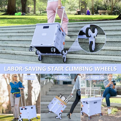 Foldable Utility Cart Folding Portable Rolling Crate with Magnetic Extended Lid,360°Rotate Wheels,176LBS Load Capacity,Heavy Duty Durable Dolly Cart(Blue) - color: Blue, size: Magnetic Extended Lid &Climber Wheels