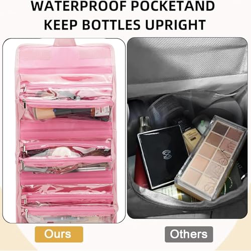 Roll Up Makeup Bag, Travel Toiletry Bag for Women with 4 Clear TSA Approved Pouches, Hanging Travel Organizer, Folding Cosmetic Bag for Men and Women - color: pink
