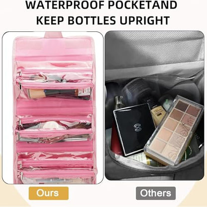 Roll Up Makeup Bag, Travel Toiletry Bag for Women with 4 Clear TSA Approved Pouches, Hanging Travel Organizer, Folding Cosmetic Bag for Men and Women - color: pink
