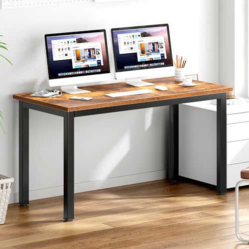 DlandHome 54.3 inch Large Computer Desk for Bedroom, Retro | Decent Steady Home Office Desk, Writing Study Craft Work Table, Sturdy Metal Frame, Adjustable Feet, Modern Simple Design - color: Retro, size: 54.3 inch