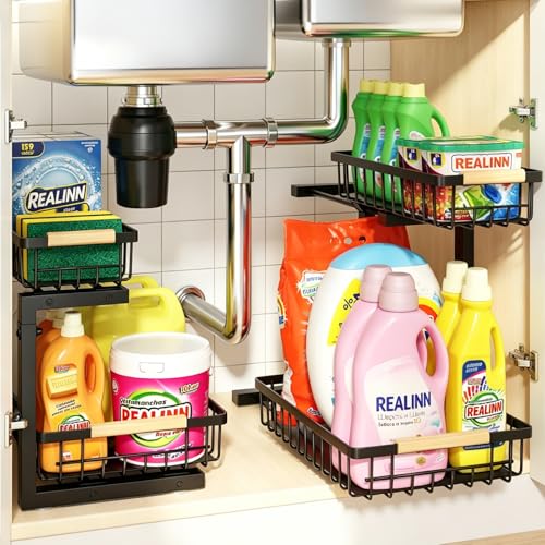 REALINN Under Sink Organizer, 2 Pack Height Adjustable Under Sink Organizers and Storage, 2 Tier Pull Out Drawer Cabinet Storage for Kitchen Bathroom - color: Black, size: 2 Pack