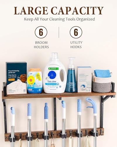 Lorbro Broom Holder Wall Mount with Cleaning Supplies Storage, Heavy Duty | 3 in 1 Broom and Mop Organizer Wall Hanging, Wooden Mop Organizer Hanger, Storage Shelves for Laundry Room, Garage - size: Large