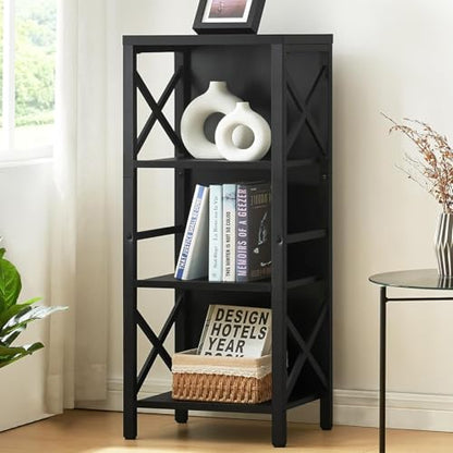 MNEETRUNG Small Bookshelf,4 Tier Industrial Bookcase with Metal Frame and Backboard,Narrow Black Book Shelf,Office Book case for Small Spaces,Living Room,Bedroom and Home Office - color: Black, size: 4-Tier (15.7"W x 11"D x 39.5"H)