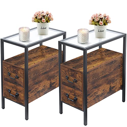 VECELO End Tables, 24" Height Narrow Nightstands, Modern Tall Night Stand with Drawers and Shelf for Living Room, Bedroom,Tempered Glass - color: Vintage Brown, size: Set of 2