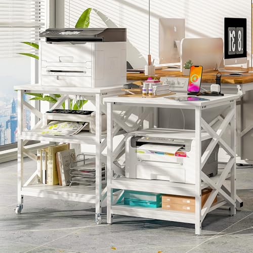 METYERRY 23.6"x23.6" Large Printer Stand with Power Outlet, 3 Tier Cart | Adjustable Shelf, Fits 3D Printers, Laser Printers and Heat Press, 200 lbs Heavy Duty, Industrial Wheels, Home Office - color: White