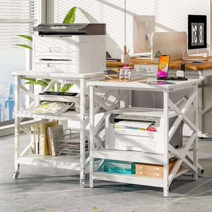 METYERRY 23.6"x23.6" Large Printer Stand with Power Outlet, 3 Tier Cart | Adjustable Shelf, Fits 3D Printers, Laser Printers and Heat Press, 200 lbs Heavy Duty, Industrial Wheels, Home Office - color: White