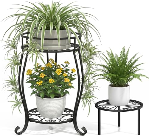TOSKING 2-Tier & 9.1'' Single Metal Plant Stand Set – Single Stand with Adjustable Leveling Feet, Rustproof Heavy Duty Flower Pot Holder for Indoor/Outdoor, Stable Multiple Plant Rack for Balcony Garden Patio Living Room Bedroom, Black - color: Black-2Tie