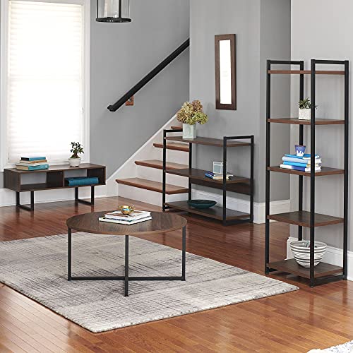 Household Essentials Jamestown Wide 3 Shelf Open Storage Bookshelf Mid Century Walnut Wood Grain and Black Metal - color: Walnut